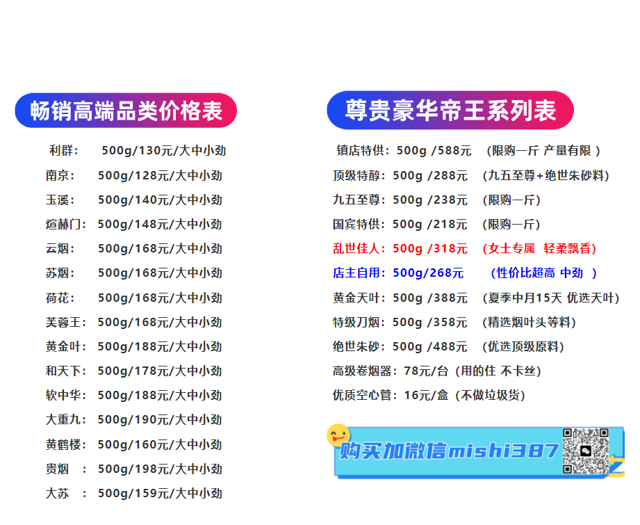 烟丝批发网全品类价格表